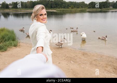 Adult beautiful and elegant bride holding crop hand of groom and smiling at camera while standing on lake coast with swans Stock Photo