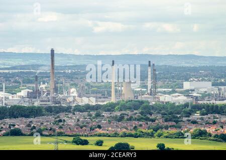 Stanlow Oil Refinery in Ellesmere Port, Cheshire viewed from Helsby Hill near Frodsham, England UK. Essar energy, refinery, oil, crude oil, fuel Stock Photo