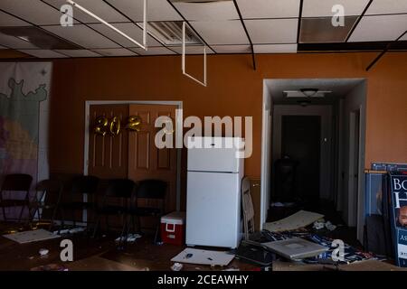 Lake Carles, Louisiana, USA. 29th Aug, 2020. A damaged political campaign office is seen after Hurricane Laura passed through in Lake Charles, Louisiana on Saturday August 29, 2020 .Go Nakamura/Zuma Press Credit: Go Nakamura/ZUMA Wire/Alamy Live News Stock Photo