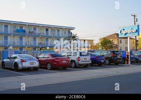 WILDWOOD, NJ -21 JUL 2020- View of a Doo Wop style motel located in the Wildwoods Shore Resort Historic District in New Jersey, United States. Stock Photo