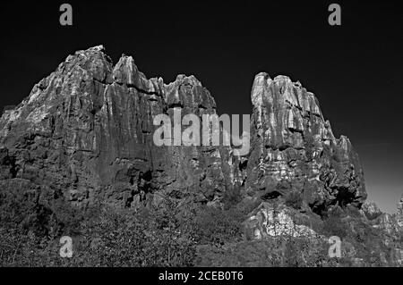 High steep sharp rocks with trees growing at bottom on background of sky in black and white colors Stock Photo