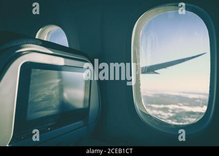 Empty economy aircraft cabin, Airport, aerospace. Stock Photo