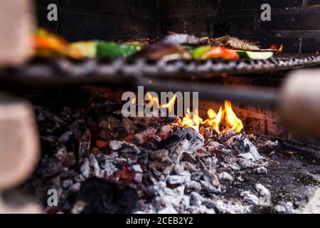 vegetables on the grill of the barbecue about to finish cooking on the coals Stock Photo