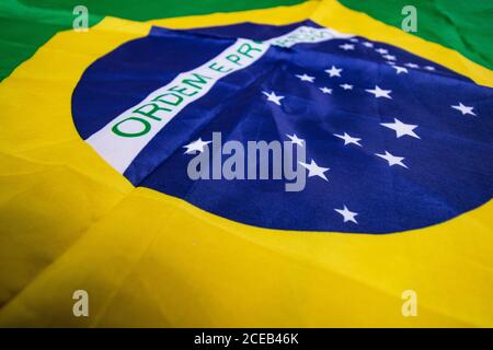 Brazilian flag kneaded - Dramatic concept image image. Stock Photo