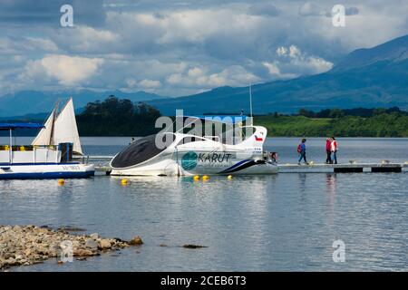 Puerto Varas, Chile. February 13, 2020. View of a modern boat in Llanquihue Lake Stock Photo