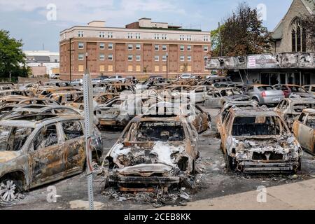 Kenosha, United States. 31st Aug, 2020. The remains of vehicles are on the lot of Car Source, a pre-owned vehicle dealership, are shown on Monday, August 31, 2020, after they were torched by protesters during demonstrations against the shooting in the back of a Jacob Blake, an unarmed Black man last week in Kenosha, Wisconsin. Photo by Alex Wroblewski/UPI Credit: UPI/Alamy Live News Stock Photo