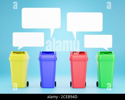 Set of colored bins to separate each type of waste for easier recycling. Realistic trash can of various colors and blank text boxes. Concept of saving Stock Photo