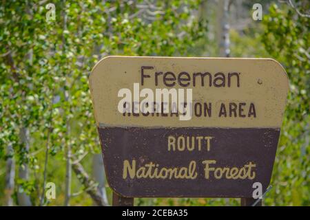 The Freeman Recreation Area and Routt National Forest Sign in Colorado Stock Photo