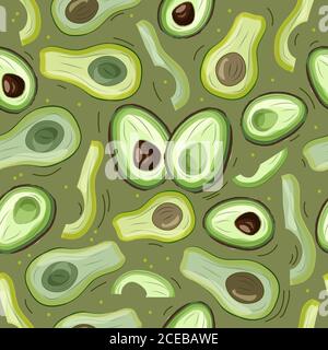 vector seamless pattern of cut avocado and it's slices Stock Vector