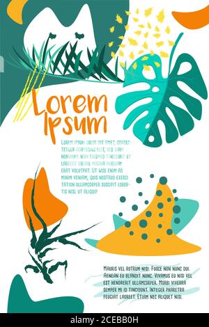 vector abstract text template decorated  with simple shapes and tropical leaves Stock Vector
