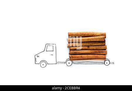 Drawing of  truck cinnamon sticks. Flat lay. Top view Stock Photo