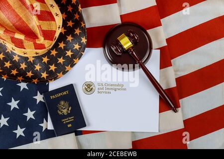 U.S deportation Immigration justice and law concept American flag Official department USCIS Department of homeland Security United States Citizenship Immigration Services Stock Photo