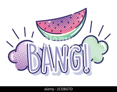 pop art cartoon, watermelon fruit bang clouds comic halftone design Stock Vector