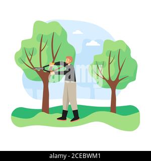 Young man, gardener pruning tree by cutting away dead branches with pruner, flat vector illustration Stock Vector