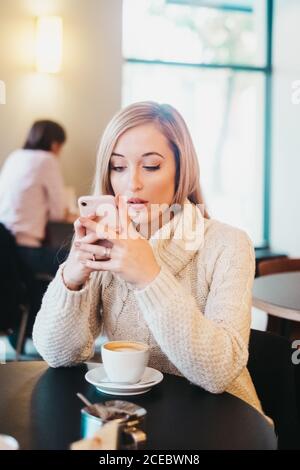 Young attractive lady in sweater holding mobile phone and sitting at table near mug of coffee in cafe Stock Photo