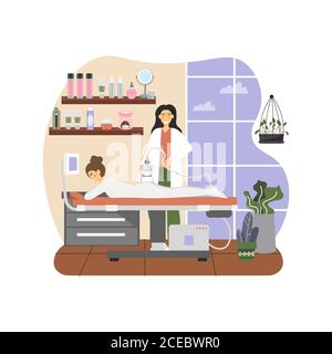 Massage therapist, female giving anti cellulite lpg treatment massage to woman lying on table, flat vector illustration Stock Vector