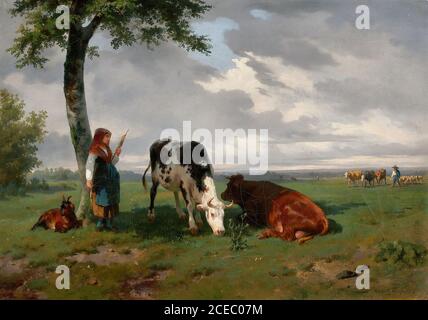 Bonheur Rosa - Shepherdess and Two Cows in a Meadow - French School - 19th  Century Stock Photo