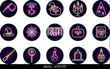happy halloween, trick or treat party celebration spider pumpkin candles skull bones fork devil neon icons set vector illustration Stock Vector