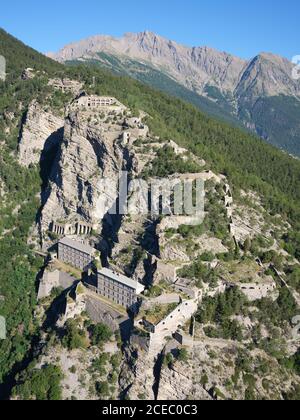 AERIAL VIEW. Fort de Tournoux, a military fortress above the Ubaye Valley, La Condamine-Châtelard, Alpes-de-Haute-Provence, France. Stock Photo