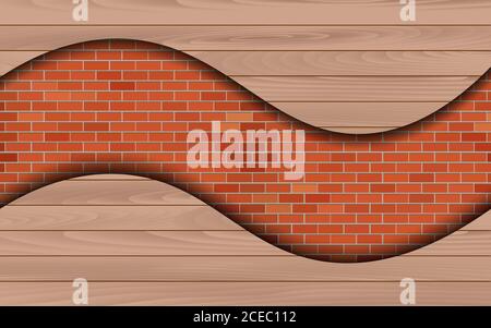 wooden wall on the red brick wall background Stock Vector