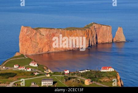 Aerial view of Percé Rock and village in Quebec Stock Photo