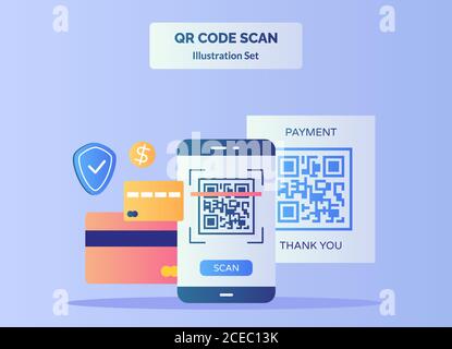 QR code scan illustration set barcode on display smartphone screen for payment background of credit card dollar shield with flat color style Stock Vector