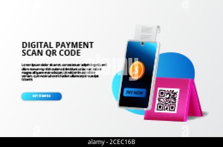 Digital payment, Cashless concept. pay with phone and scan qr code, digital banking and money 3d illustration concept for landing page template Stock Vector