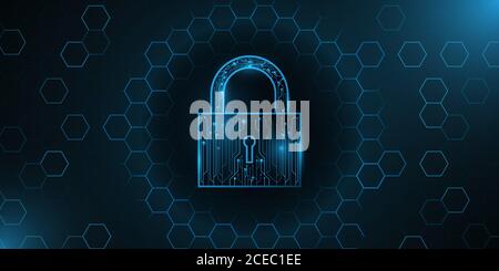 A futuristic lock made from a computer circuit board. Protected data. Glowing cyber padlock on a background with a pattern of honeycombs. Vector illus Stock Vector