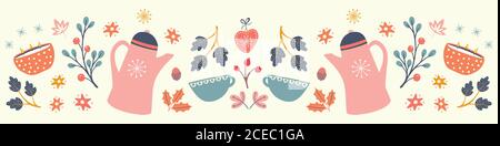 Autumn Hygge pattern design banner. Cute symmetrical vector winter and Fall seamless repeat border. Stock Vector