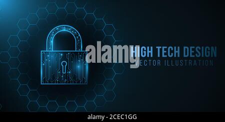 A futuristic high-tech lock made from a computer circuit board. Protected data. Glowing cyber padlock on a background with a pattern of honeycombs. Ve Stock Vector