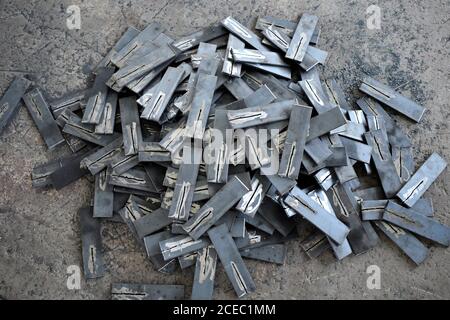 metallic pieces in the fabrication workshop. Stock Photo