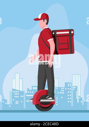 Delivery man riding monowheel with the box. Concept of fast delivery in the city. Male courier with parcel box on his back with goods and products. Cartoon flat vector illustration Stock Vector