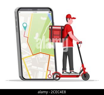 Smartphone with app and man riding electric scooter with box. Concept of fast delivery in the city. Male courier with parcel box on his back with goods and products. Cartoon flat vector illustration Stock Vector