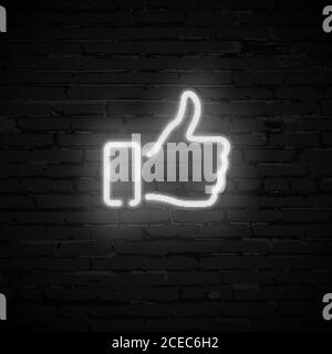 Vector realistic white Thumb Up neon symbol on dark brick wall Stock Vector