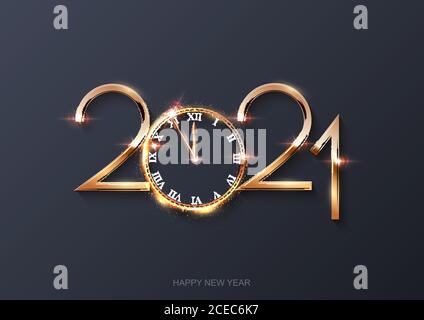 Glowing shiny new year clock and number on gray Stock Vector