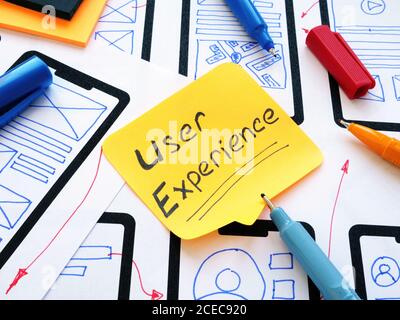UX user experience inscription and sketches of the mobile application. Stock Photo