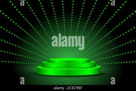 geen podium with green light in the dark room Stock Vector