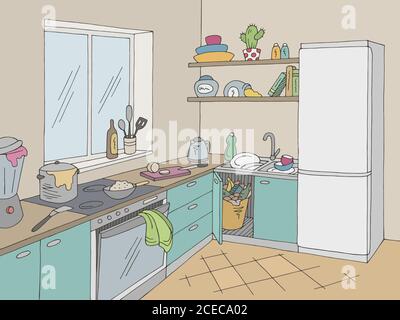 Kitchen mess room graphic color home interior sketch illustration vector Stock Vector