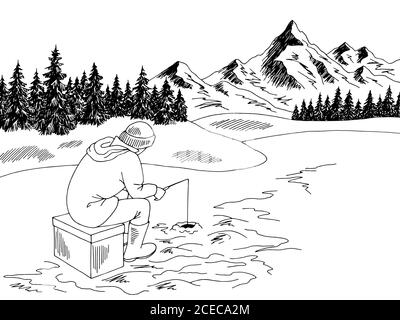 Winter fishing man graphic black white landscape sketch illustration vector Stock Vector