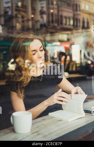 Young Woman reading book in cafe Stock Photo