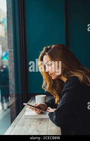 Woman using smartphone in cafe Stock Photo