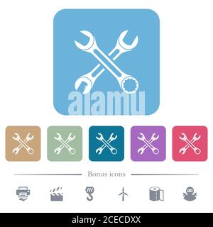 Two wrenches white flat icons on color rounded square backgrounds. 6 bonus icons included Stock Vector