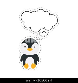 Cute cartoon penguin with speech bubble sticker. Kawaii character on white background. Cartoon sitting animal postcard clipart for birthday Stock Vector