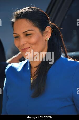 Home Secretary Priti Patel arrives at the Foreign and Commonwealth Office in London for a Cabinet meeting, ahead of MPs returning to Westminster after the summer recess. Stock Photo