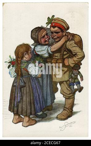 German historical postcard: Children as adults: the soldier returned to his family from the war, Germany, world war one, 1915, by Beithan Emil Stock Photo