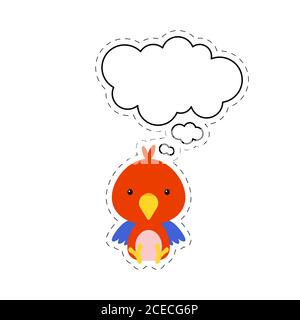 Cute cartoon parrot with speech bubble sticker. Kawaii character on white background. Cartoon sitting animal postcard clipart for birthday baby shower Stock Vector