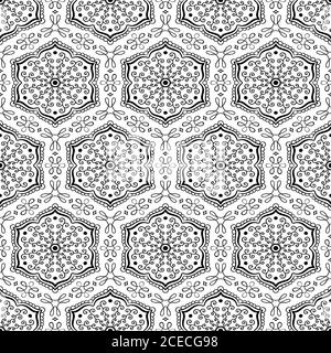 Geometrical pattern with floral elements in black and white colors, seamless vector background Stock Vector