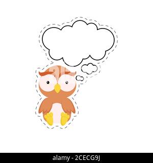 Cute cartoon owl with speech bubble sticker. Kawaii character on white background. Cartoon sitting animal postcard clipart for birthday, baby shower Stock Vector