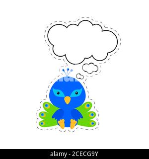 Cute cartoon peacock with speech bubble sticker. Kawaii character on white background. Cartoon sitting animal postcard clipart for birthday Stock Vector