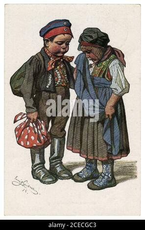 German historical postcard: Children as adults: an young peasant man farewell his beloved crying woman, world war one 1915, by artist Beithan Emil Stock Photo
